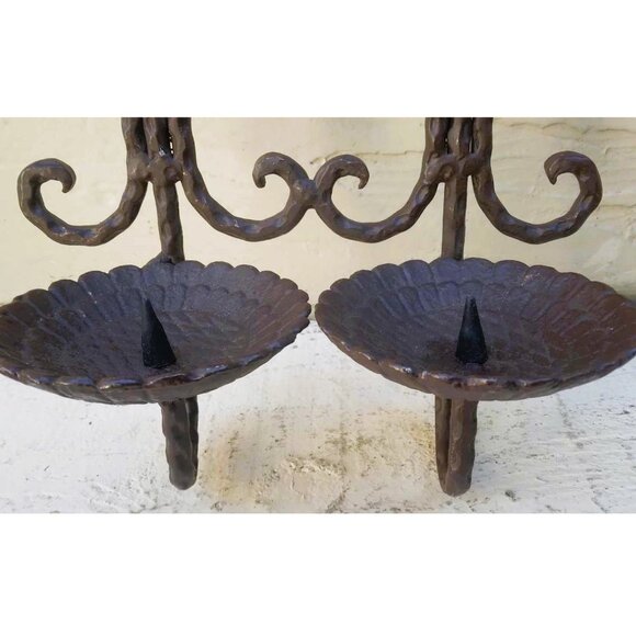 VTG Double Pillar Candle Holder Hammered Scallop Shell Wrought Iron Wall Sconce - Picture 7 of 8